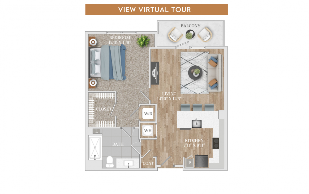 A1 - 1 bedroom floorplan layout with 1 bath and 722 square feet. (Floorplan)