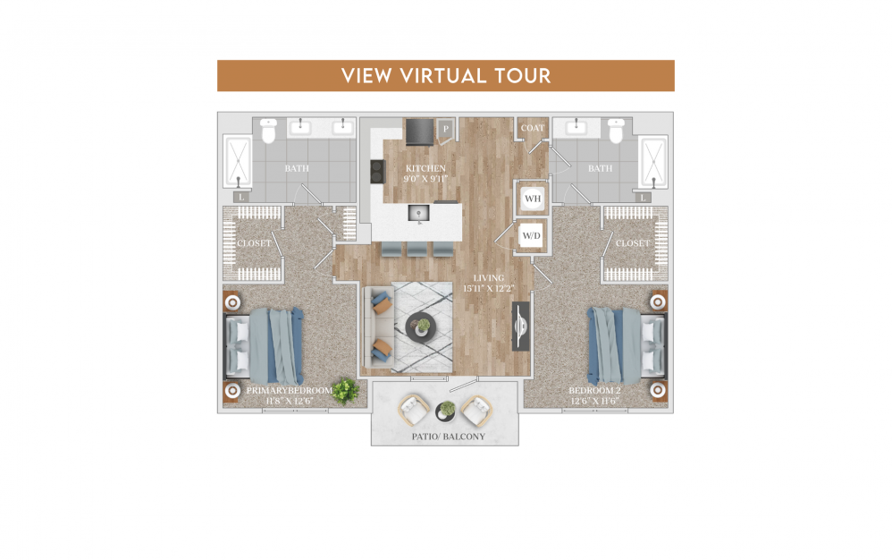B2 - 2 bedroom floorplan layout with 2 baths and 1145 square feet. (Floorplan)